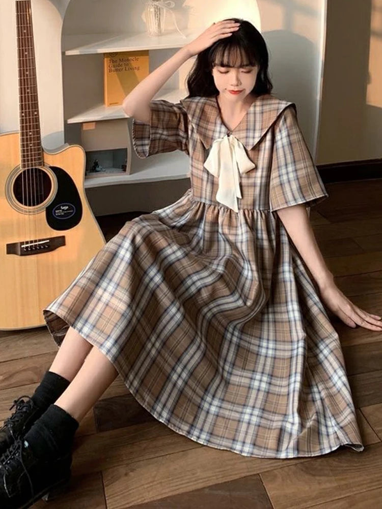 Koisoon Japan Sweet Sailor Collar Plaid Dress Women Fashion Preppy Style Cute Bow Short Sleeve Midi Dress Summer Lace Up Vestidos