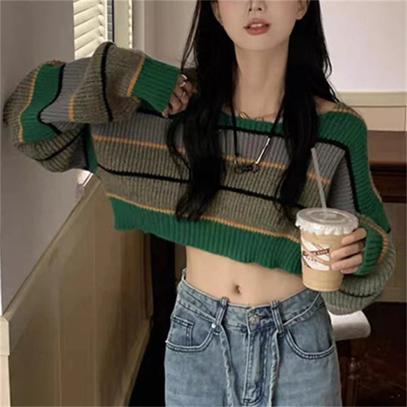 Koisoon Women Patchwork Pullovers Korean Streetwear Sexy Cropped Long Sleeves Knitted Sweaters Autumn Fashion Female Loose Top New