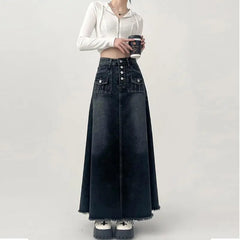 Koisoon High-waisted Cargo Denim Skirt Women's Autumn Long A-line Mid-length Skirt  Retro Raw Edge Y2k Female Clothing Korean Style