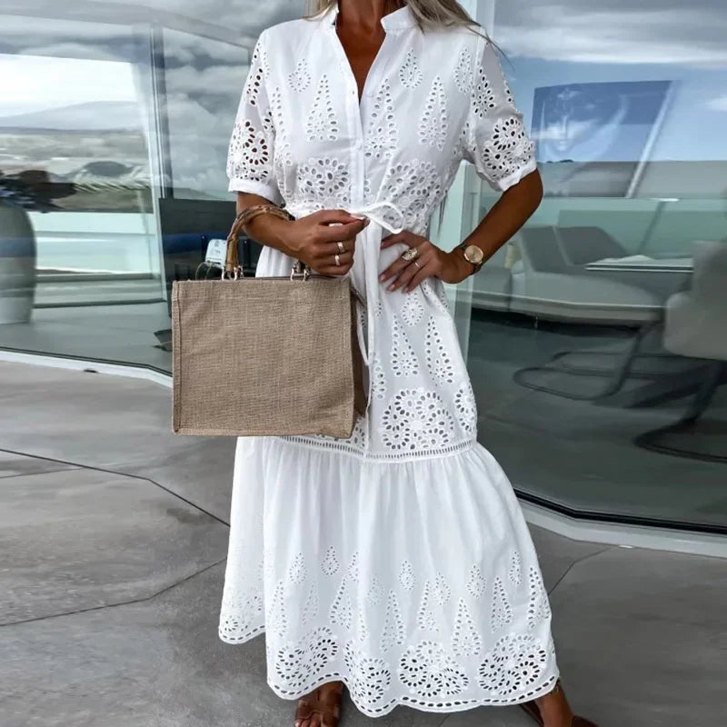 Koisoon Summer New Elegant Lace Embroidery Stitch Pleated Dresses Womem Stand Collar Button-up Party Dress Hollow Formal Female Vestidos