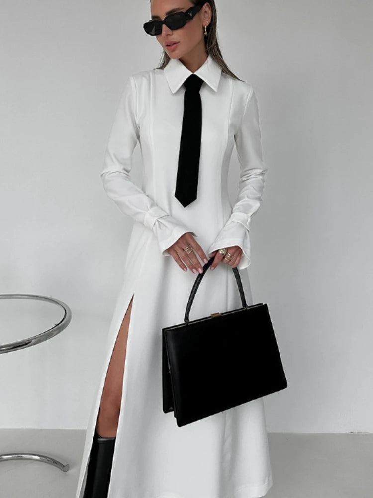 Koisoon Side Slit Long Dress For Women White Elegant Turn Collar Tie Midi Dresses Femme 2024 New Street Loose Slender Dress Woman