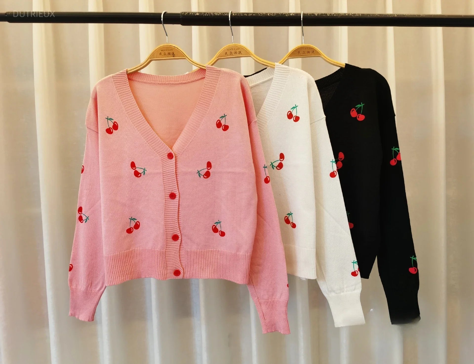 Koisoon V Neck Cropped Cardigan Embroidered Cherry Sweater Feminino Kawaii Long Sleeve Top Pull Femme Y2k Sueter Mujer Knit Coat