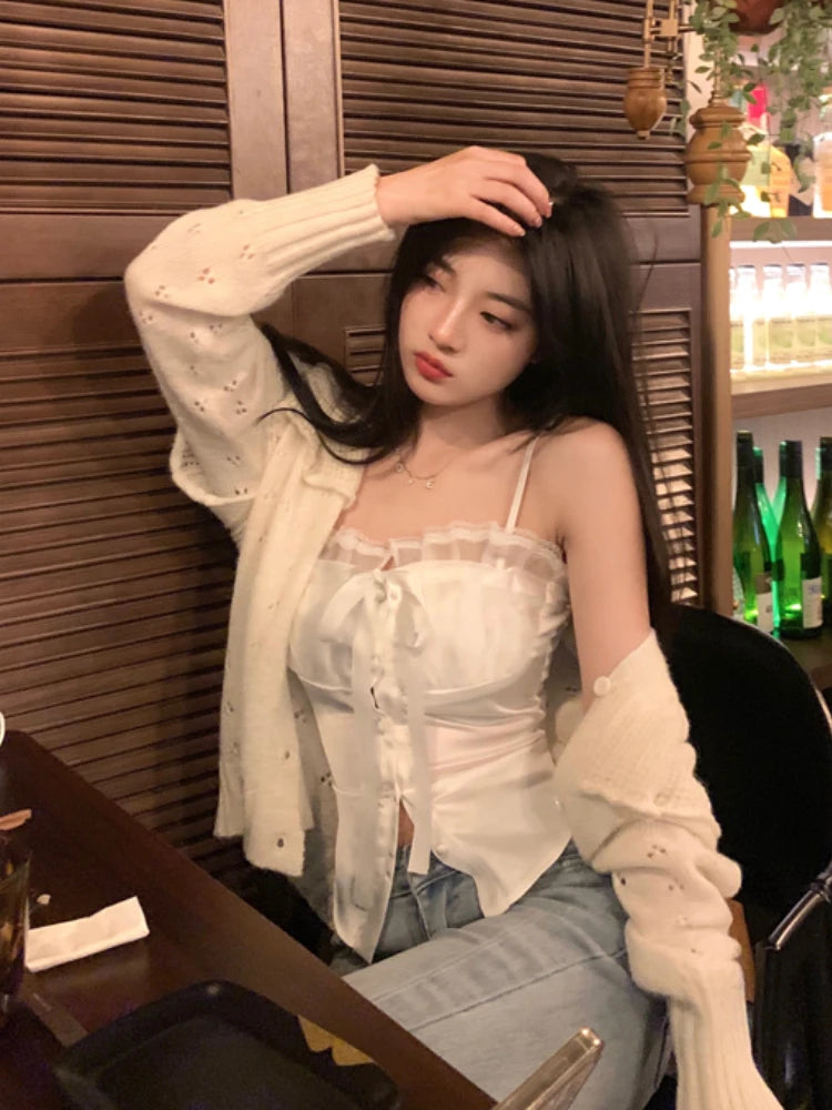 Koisoon Summer Pure Color Lace Camis Blouse Women Casual Party Elegant Sexy Crop Tops Slim Korean Style Fashion Designer Chic Vest