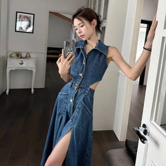 Koisoon Retro Denim Dress Women's Summer New Shirt Collar Hollow Split Waist Long Skirt Sleeveless One-piece Sexy Denim Dresses