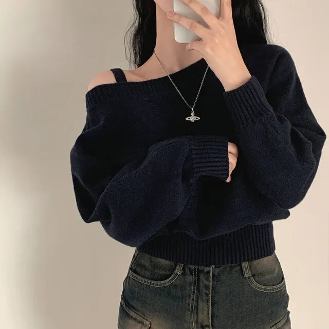 Koisoon Women Sweater Korean Edition Autumn New Style Design Puff sleeve Side off-Shoulder Casual Loose Solid Long Sleeve Knit