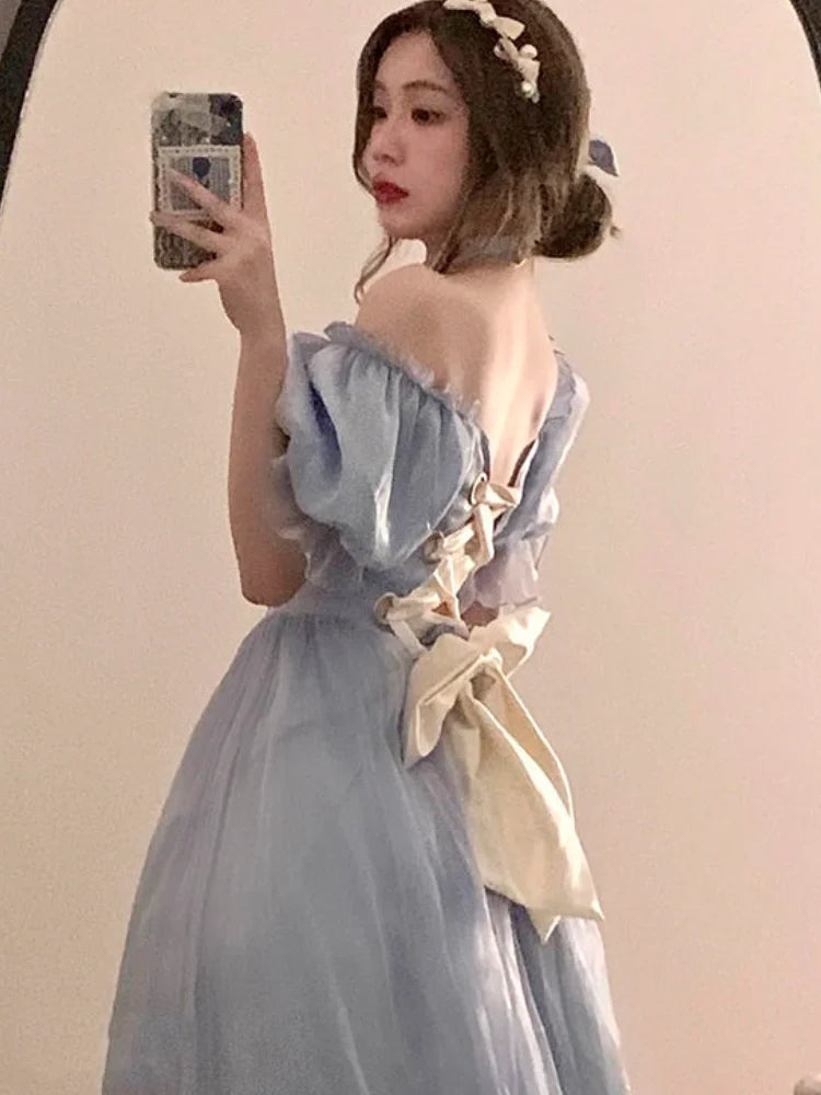 Koisoon Vintage Elegant Midi Dresses Women Spring Blue Patchwork Retro Evening Party Dress French Sweet Korean Princess Fairy Dress