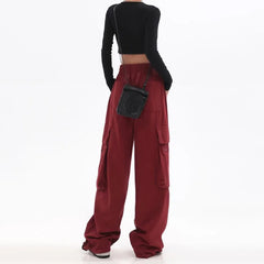 Koisoon Streetwear Vintage Hip Hop Oversize Red Cargo Pants Women Drawstring Elastic Waist Loose Wide Leg Harajuku Casual Trousers