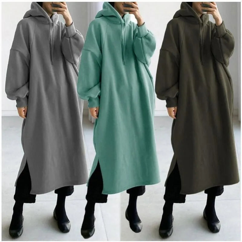 Koisoon Thicken Autumn Winter Women Oversized Hoodie Long Dress Solid Fashion Long Sleeve Female Clothing Split Casual Loose New Dresses