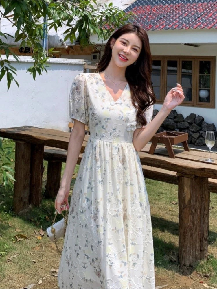 Koisoon Summer New Chinese Style Midi Dresses for Women Floral Printed V-neck Puff Sleeve A-line Casual Elegant Dress One Piece Vestido