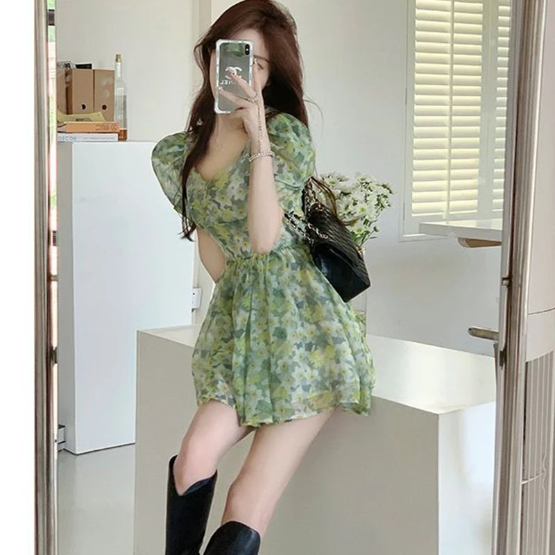 Koisoon Summer High Waist Dress Women Korean Fashion Floral Casual Mini Dresses Y2K Female Elegant Puff Sleeve A Line Dress