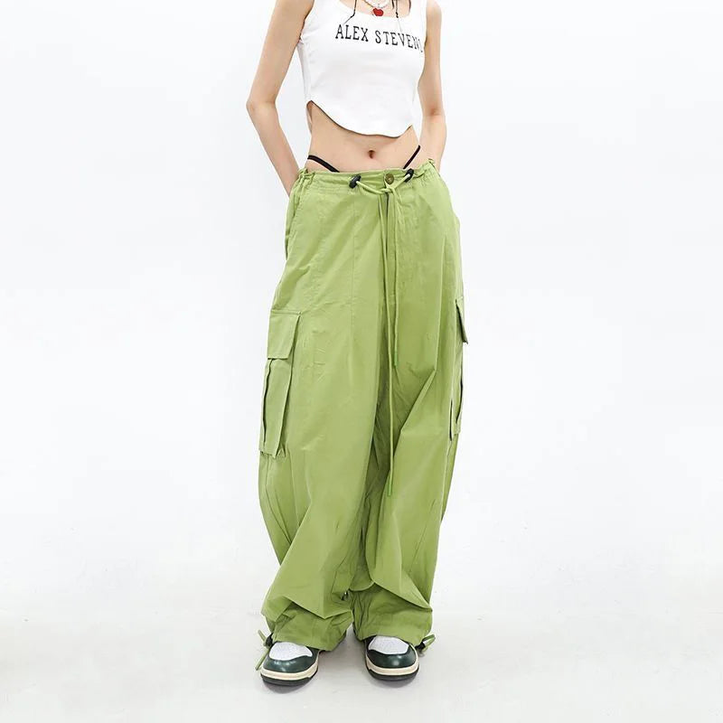 Koisoon Hip Hop Oversize Solid Cargo Pants Women Streetwear Fashion Drawstring Loose Wide Leg Harajuku Jogging Sports Casual Trousers