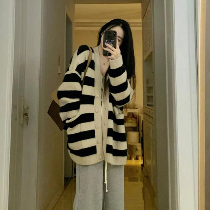 Koisoon Fashion Women Cardigan Sweater Korean Stripe Button Loose Knitted Coats Casual Female Streetwear Jacket Autumn New