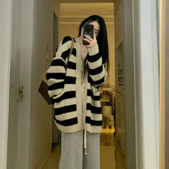 Koisoon Fashion Women Cardigan Sweater Korean Stripe Button Loose Knitted Coats Casual Female Streetwear Jacket Autumn New