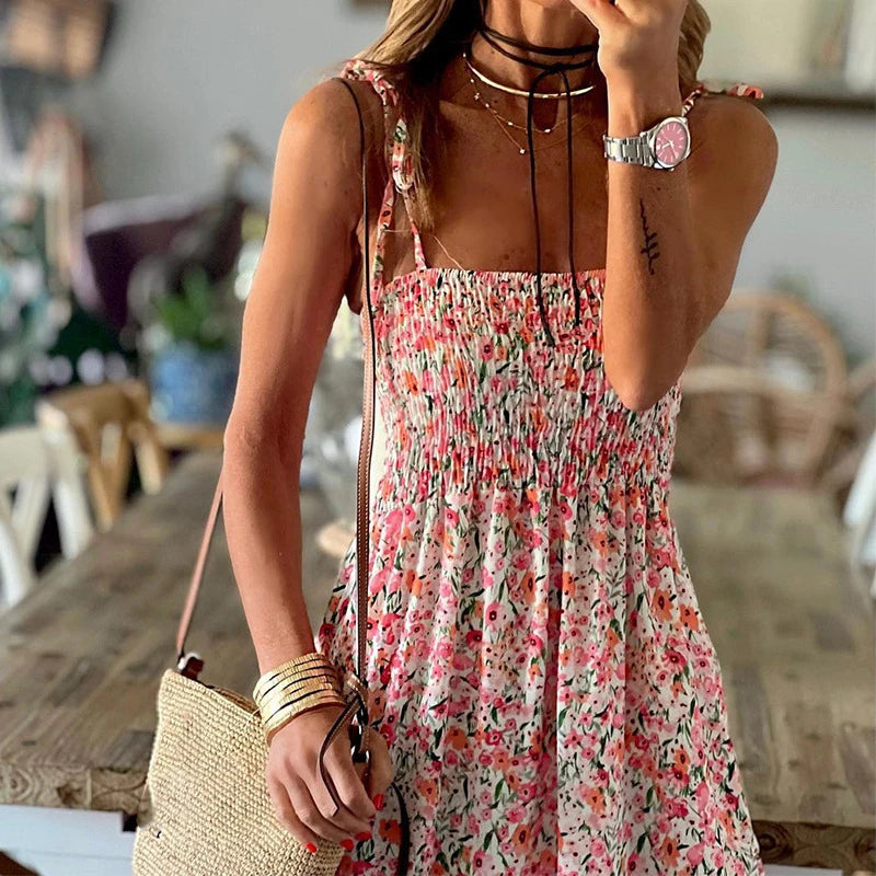 Koisoon Bohemian Floral Print Pleats Women's Dress Sexy Slash Neck Strap Long Dress Fashion Summer Sleeveless High Waist Beach Dresses