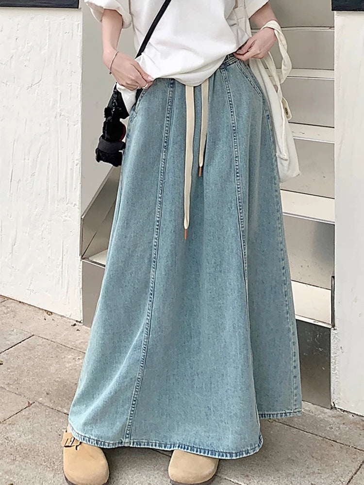 Koisoon Chic High Waist Ladies Long Pockets Lace Up Jeans Skirts 2024 Summer Autumn Women Denim Midi A-Line Maxi Skirts SK46