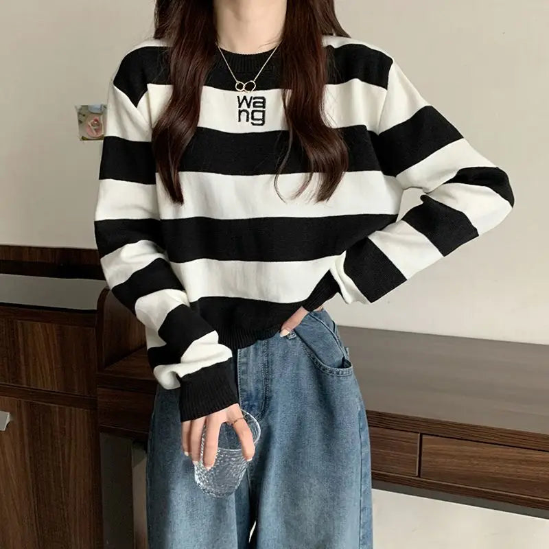 Koisoon Preppy Style Autumn Winter New Sweaters Women's Round Neck Striped Letter Contrast Color Fashion Loose Long Sleeve Knitted Tops