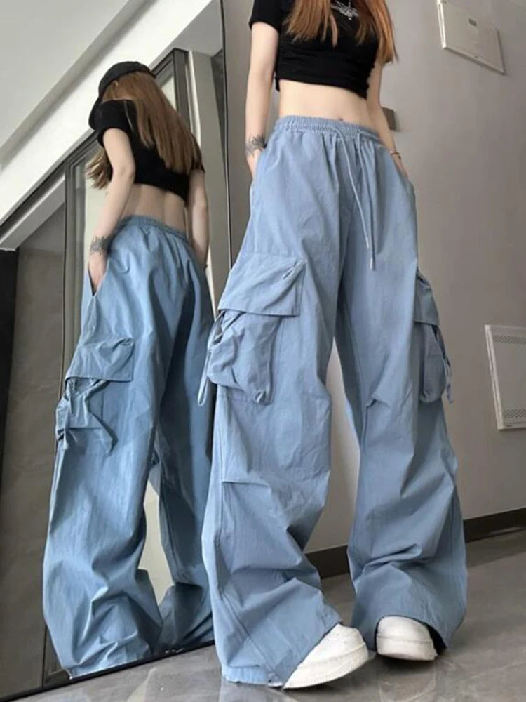 Koisoon Hip Hop Y2K Cargo Pants Women Streetwear Harajuku Big Pockets Casual Trousers Korean Loose High Waist Design Solid Pants