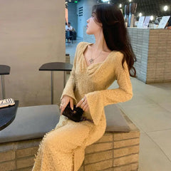 Koisoon French Knitted Dresses For Women Square Neck Long Flare Sleeve High Waist Temperament Long Dress Female Party Robe Clothes