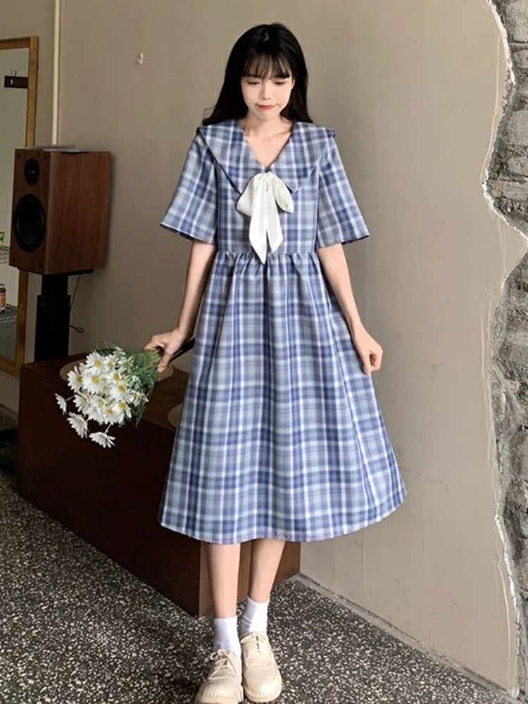 Koisoon Japan Sweet Sailor Collar Plaid Dress Women Fashion Preppy Style Cute Bow Short Sleeve Midi Dress Summer Lace Up Vestidos