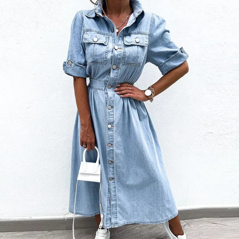 Koisoon New Turn-down Collar Short Sleeve Summer Dress Women's Single Breasted Pocket Casual Dress Denim High Waist Pleated 2024 Dresses