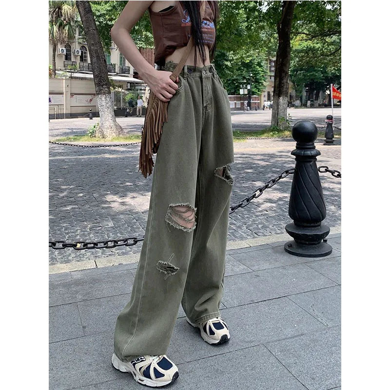 Koisoon Streetwear Women Hole Do Old Y2k Jeans Spring New Korean Fashion Army Green Pants Vintage High Waist Loose Wide Leg Trousers