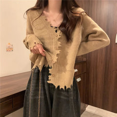 Koisoon French Style Sweater Cardigan Women Long Sleeve V-neck Frayed Sweaters Autumn Winter Cropped Kintted Cardigan Elegant Streetwear