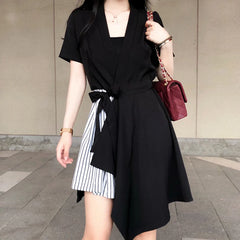 Koisoon Stripe Patchwork Women Dress Korean Fashion Bandage Irregular Dress Y2K Casual Female Ball Gown Dresses Summer New