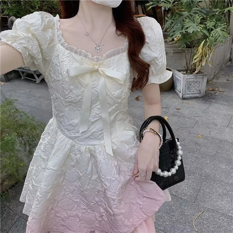 Koisoon Fashion Women Gradient Dress Casual Bow Lace Up Female Puff Sleeve Mini Dresses Korean Elegant Ball Gown A Line Dress