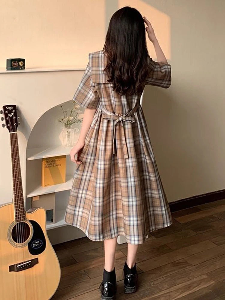 Koisoon Japan Sweet Sailor Collar Plaid Dress Women Fashion Preppy Style Cute Bow Short Sleeve Midi Dress Summer Lace Up Vestidos