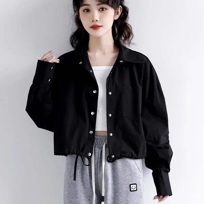 Koisoon Women Cropped Cargo Jacket Fashion Korean Streetwear Loose Coats Casual Lace Up Female All Match Button Outerwear New