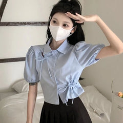 Koisoon Elegant Women Bow Shirt Korean Fashion Design Chic Tops Y2K Casual Female All Match Puff Sleeve Shirt Summer New