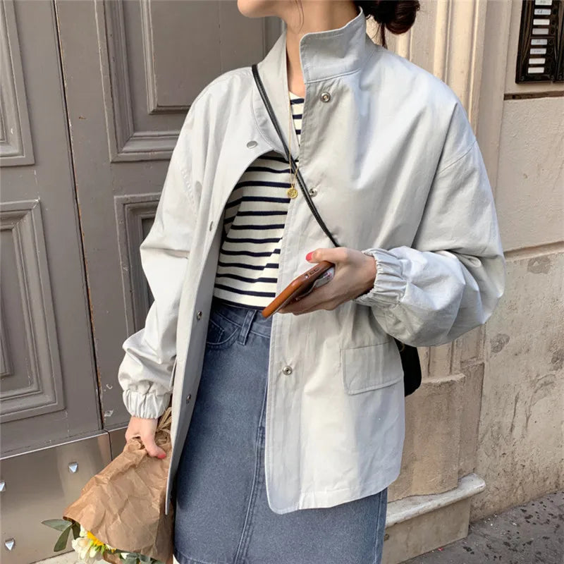 Koisoon 100% Cotton Women Jacket Fashion Stand Collar Spring Korean Thin Coats Designed Button Up Fall Oversize Female Clothes