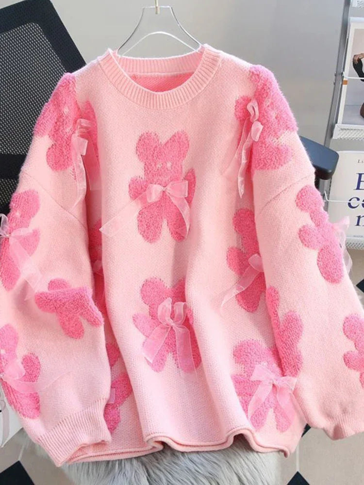 Koisoon Cute Bear Print Sweaters Women Lazy Wind Long Sleeve Bow Knitted Pullovers Korean Fashion Loose Female O Neck Sweet Tops