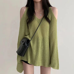 Koisoon Spring Summer Autumn Fashion Casual Solid Hollow Out Pullover Women's Soft Slim Tees Knitted Gentle Sexy Loose Sweater Top