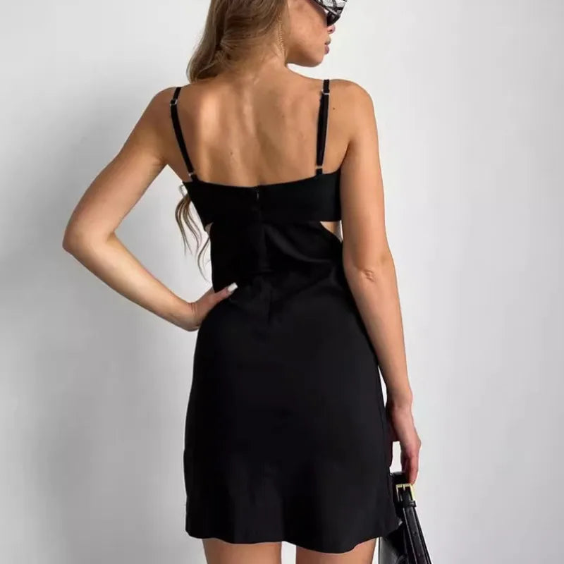 Koisoon Fashion Black Cotton Suspender Dress Spring and Summer Women's Sexy Hollow Out Design Elastic Slim Fit Casual Backless Dress