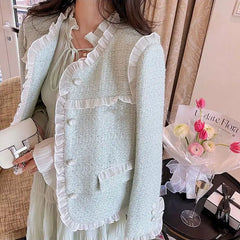 Koisoon Elegant Ruffles Patchwork Tweed Jacket Women Single-Breasted Coats Female Small Fragrance Style Loose Mesh Outwear Autumn