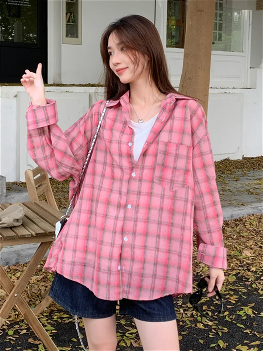 Koisoon Autumn Stylish Loose Shirts Plaid Women Chic Casual New Full Sleeve All Match Classic Daily Work Wear Tops