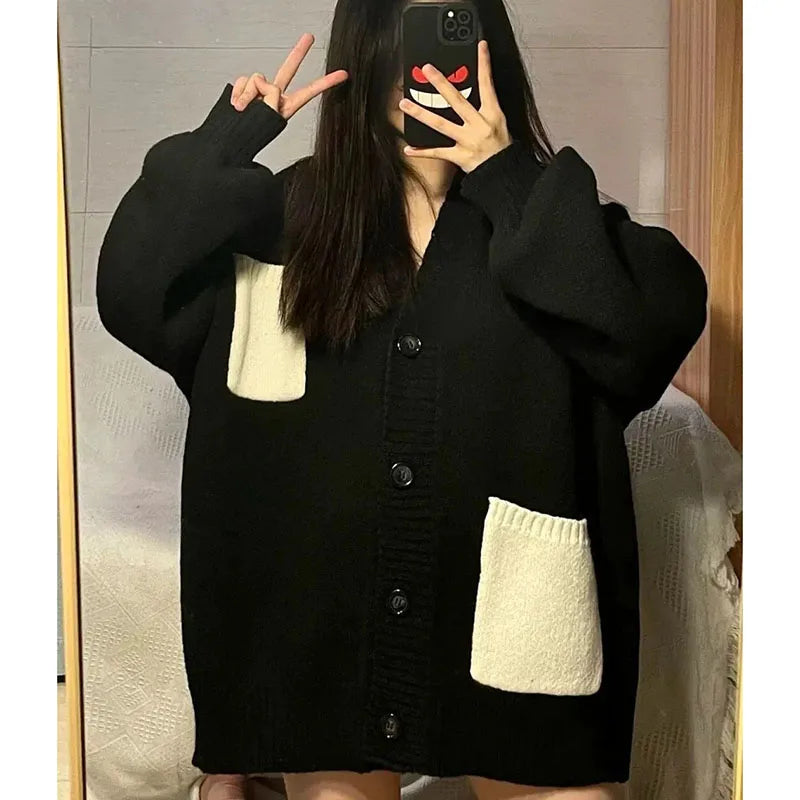 Koisoon Women Cardigan Knitted Sweater Fashion Korean Streetwear Patchwork Loose Coats Casual Female All Match Jacket Autumn New