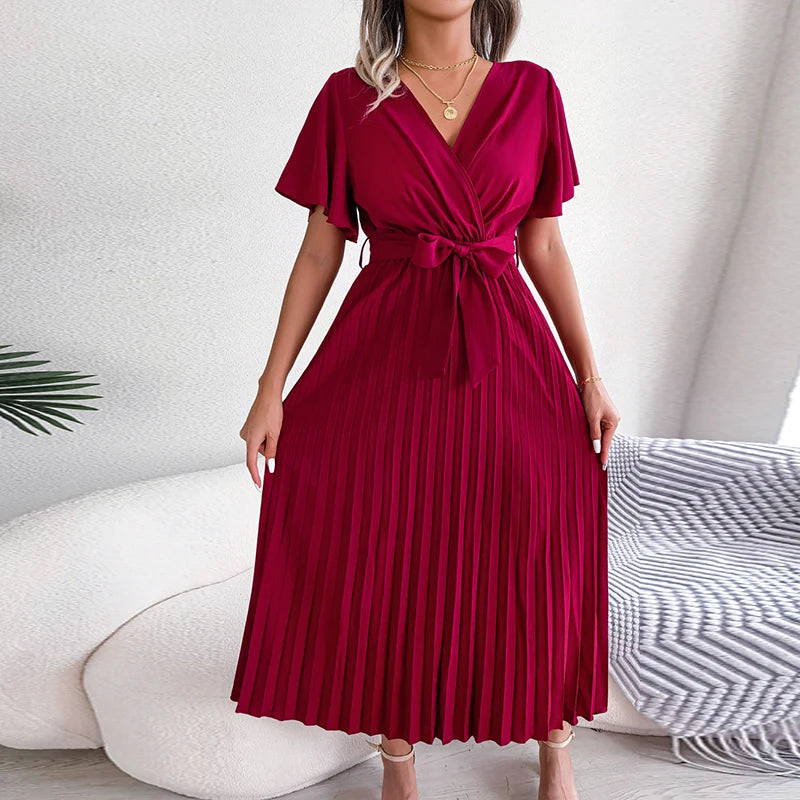 Koisoon Fashion Ladies V-neck Short Sleeved Commuting Dress Spring Summer Loose Lace Up Pleats Dress Casual Party Long Dresses Vestidos