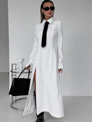 Koisoon Side Slit Long Dress For Women White Elegant Turn Collar Tie Midi Dresses Femme 2024 New Street Loose Slender Dress Woman