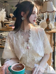 Koisoon Elegant Vintage Lace Fairy Dress Women Sexy V-Neck Short Sleeve Party Dresses Female 2024 Spring Office Lady Casual Korean Dress