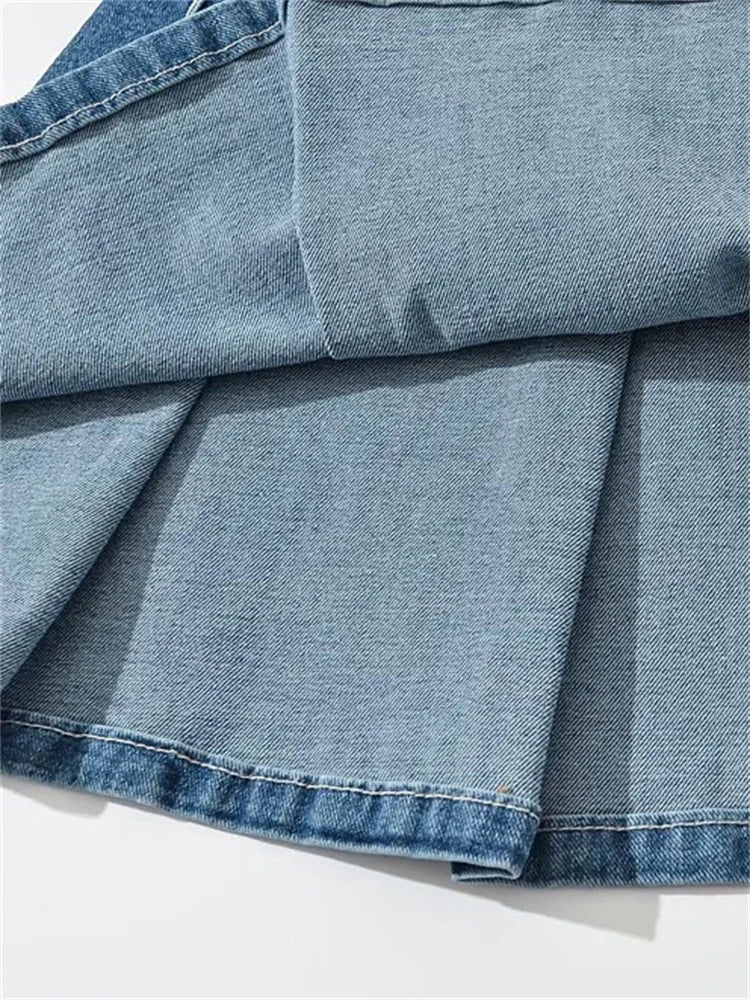 Koisoon Summer New TARUXY Denim Y2k Skirt with Pleats and Belt 90s E-girl Korean Skirts For Women High Street Jeans Short Bottom