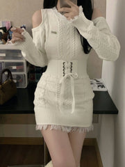 Koisoon Autumn Vintage Elegant Knitted Suits Women Long Sleeve Slim 2 Piece Dress Set Korea Fashion Clothing Y2k Mini Sweater Dress