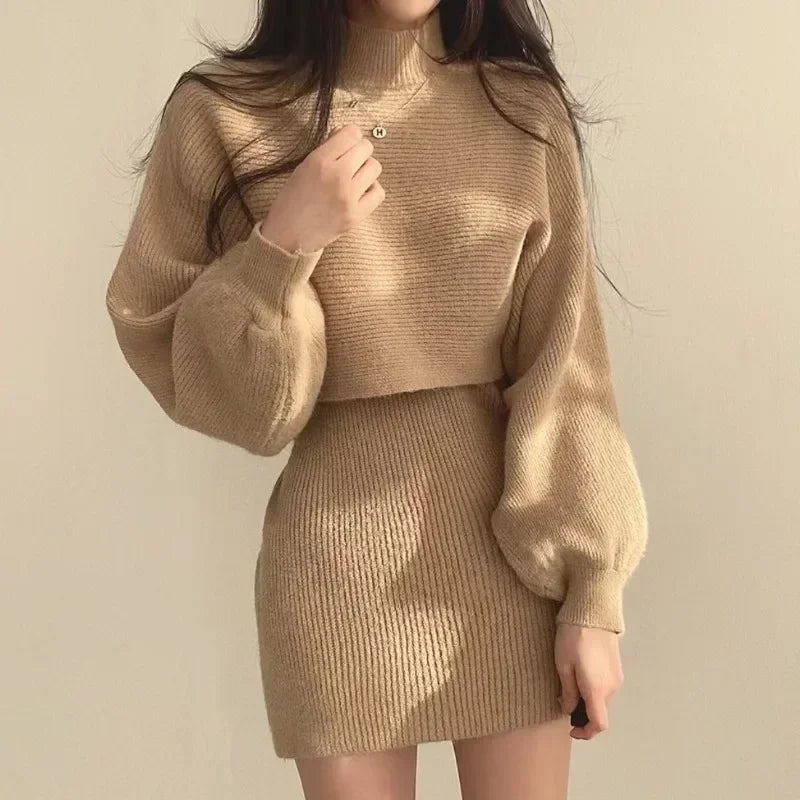 Koisoon Two Piece Set Female Sweater Dress Autumn Winter High Waist Knitted Femme Short Party Es Elegant Slim Black Sexy