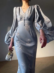 Koisoon New Elegant Printing Mermaid Dresses for Women Summer New Slim V-neck Long Sleeve Runway Party Robe 2024 Female Vestidos