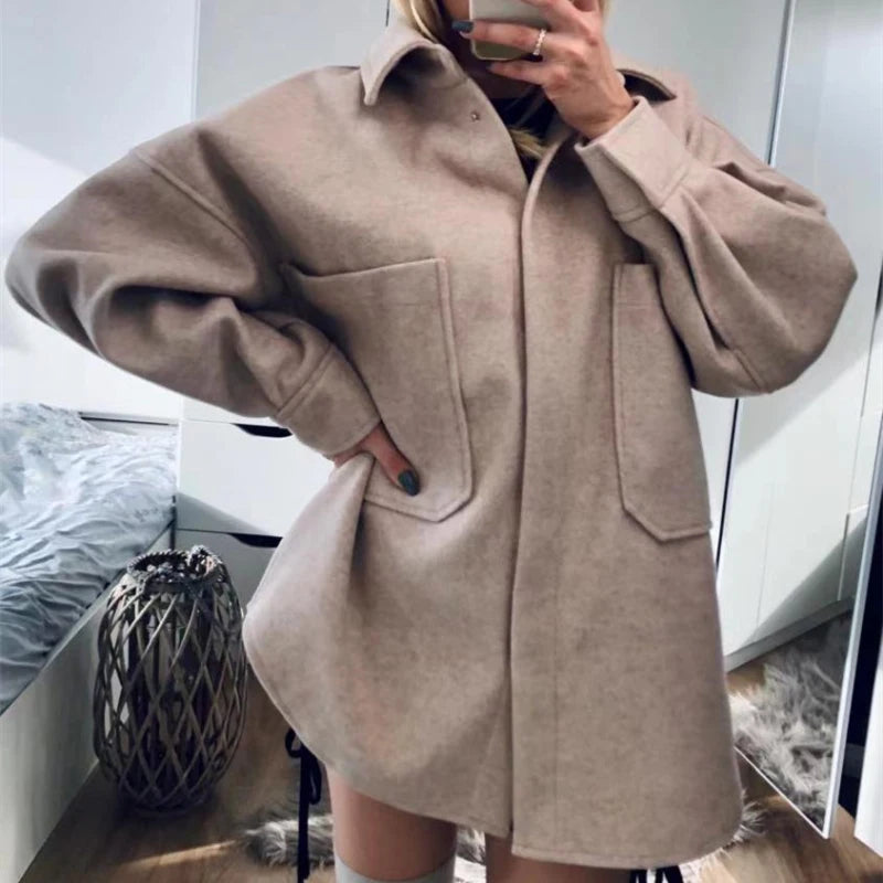 Koisoon Casual Woman Camel Loose Pocket Woolen Shirt Chic Ladies Autumn Long Sleeve Thick Blouse Coat Female Long Outwear