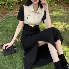 Koisoon Patchwork Fork Women Dress Korean Fashion Zipper Short Sleeved Dress Y2K Summer Grace Female Preppy Style Dresses New