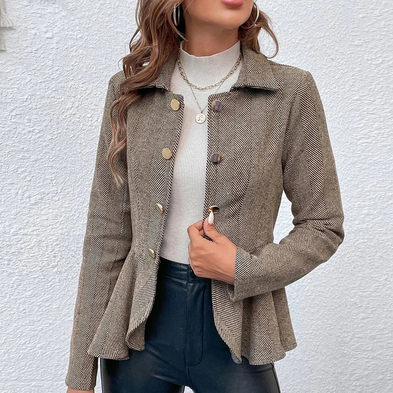 Koisoon Women Buttoned Slim Autumn Coats Long Sleeve Winter Turn Down Collar Jackets Casual Jacquard Irregular Ruffle Hem Blazer