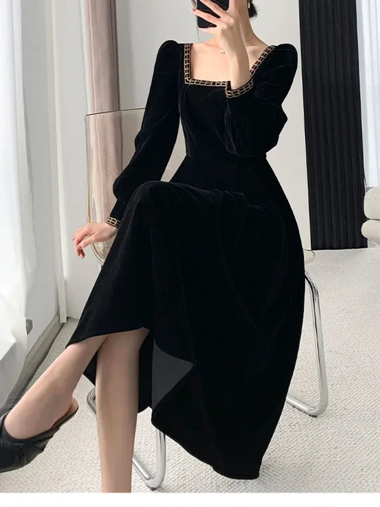 Koisoon New French Vintage Elegant Dresses for Women Long Sleeve Streetwear Office Lady Solid Square Collar New Autumn Winte Dress