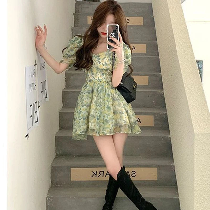 Koisoon Summer High Waist Dress Women Korean Fashion Floral Casual Mini Dresses Y2K Female Elegant Puff Sleeve A Line Dress